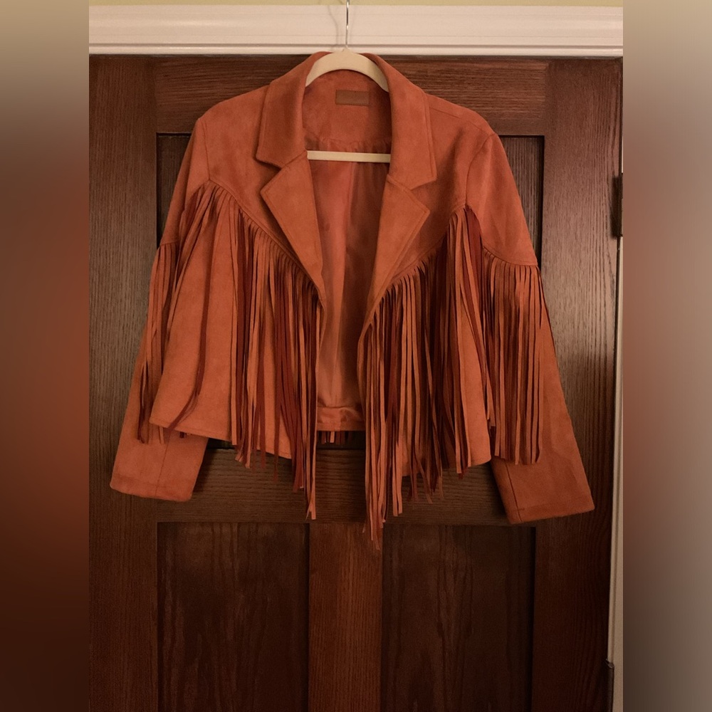 Umgee Rust Orange Faux Suede Fringe Western Jacket Size Medium Excellent Cond